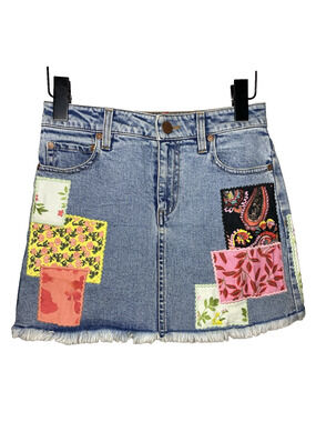 ALICE + OLIVIA JEANS Good High-Rise Mini Skirt Patchwork Denim Women's 24 Boho